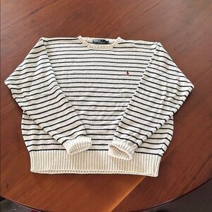 Polo by Ralph Lauren Off White Crewneck Sweater with Blue Stripes and Red logo